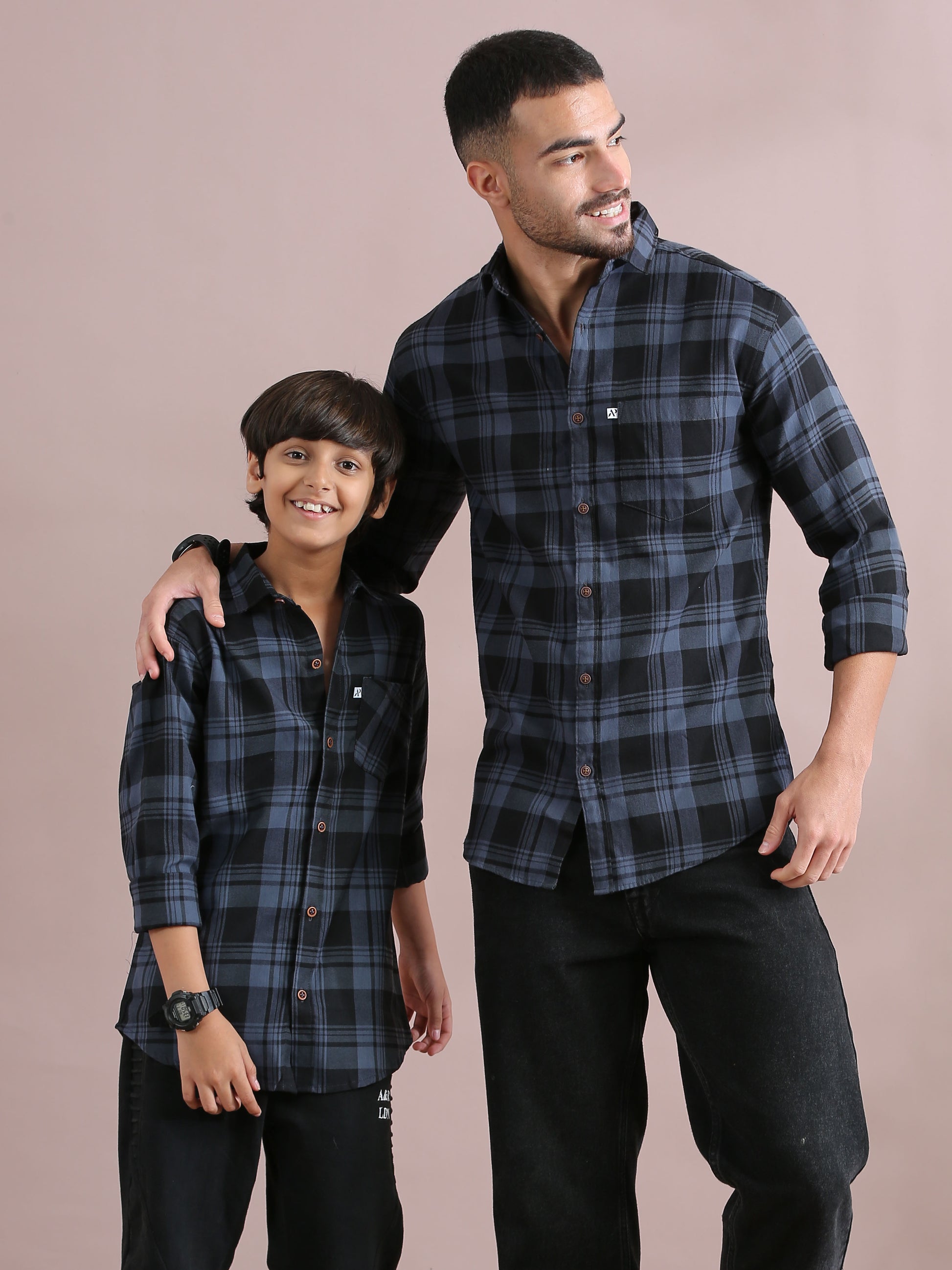 Wanted Grey Checked Dad And Son Shirts Combo