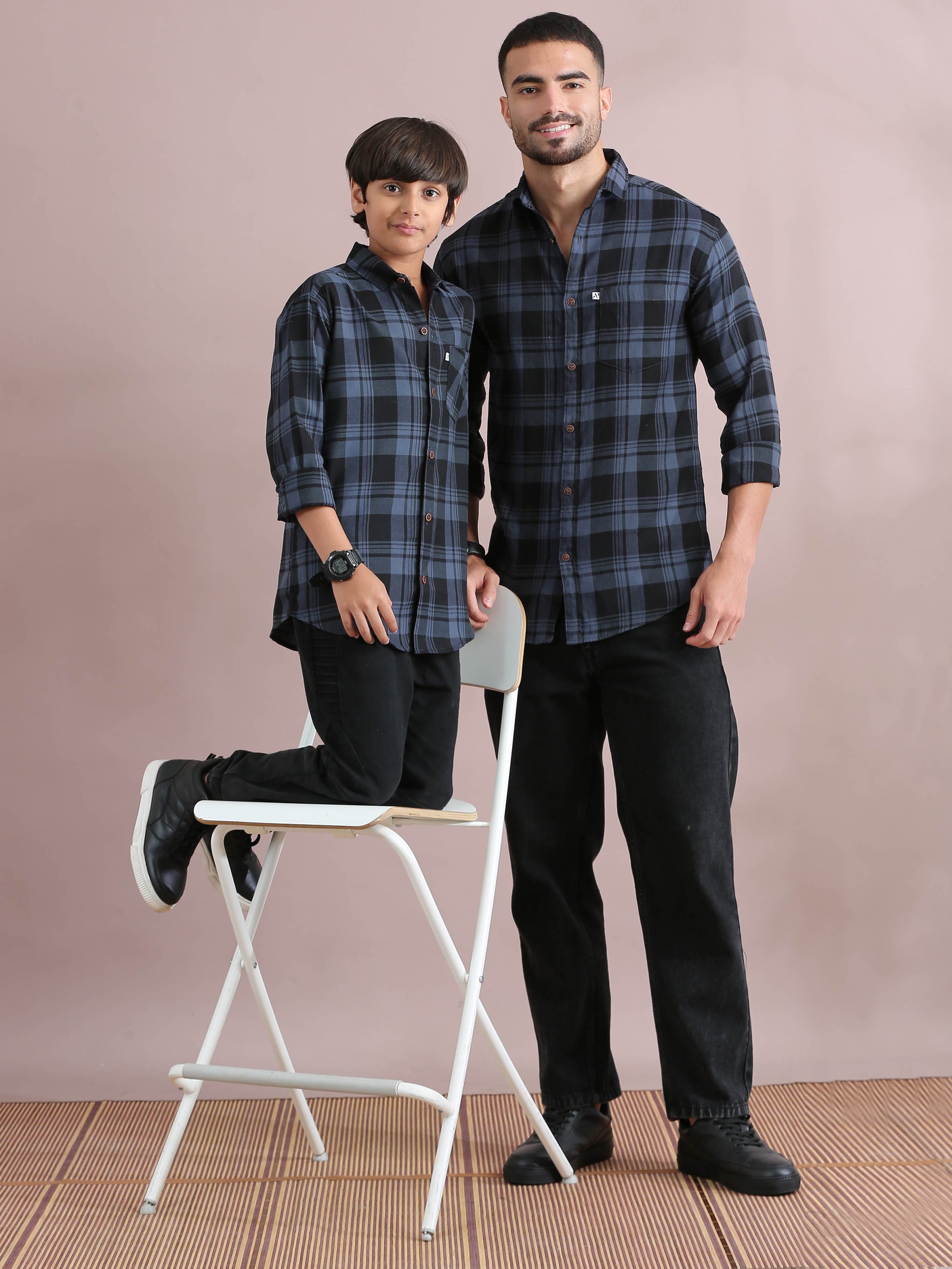 Wanted Grey Checked Dad And Son Shirts Combo