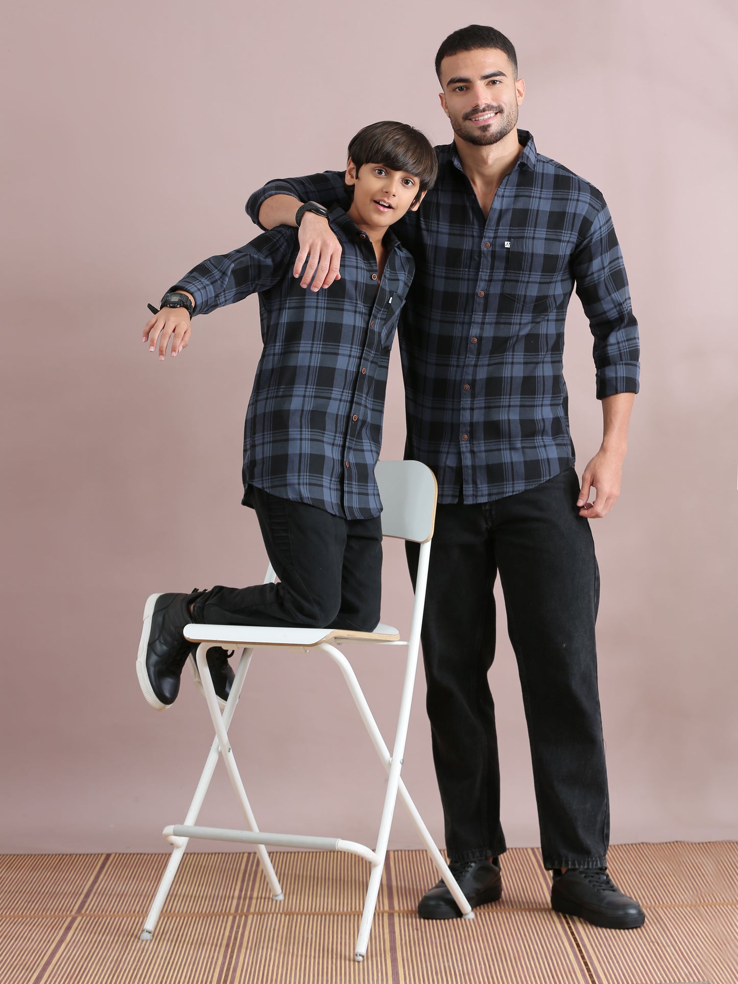 Wanted Grey Checked Dad And Son Shirts Combo