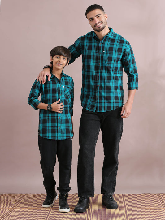  Wanted Blue Checked Dad And Son Dress Shirts Combo
