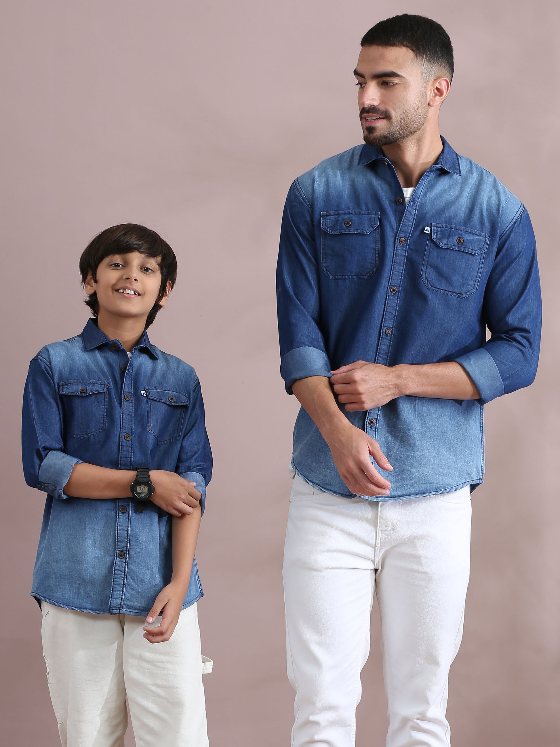 Shade double pocket cut away collor denim shirt father and son combo 4-5 Y Adult S