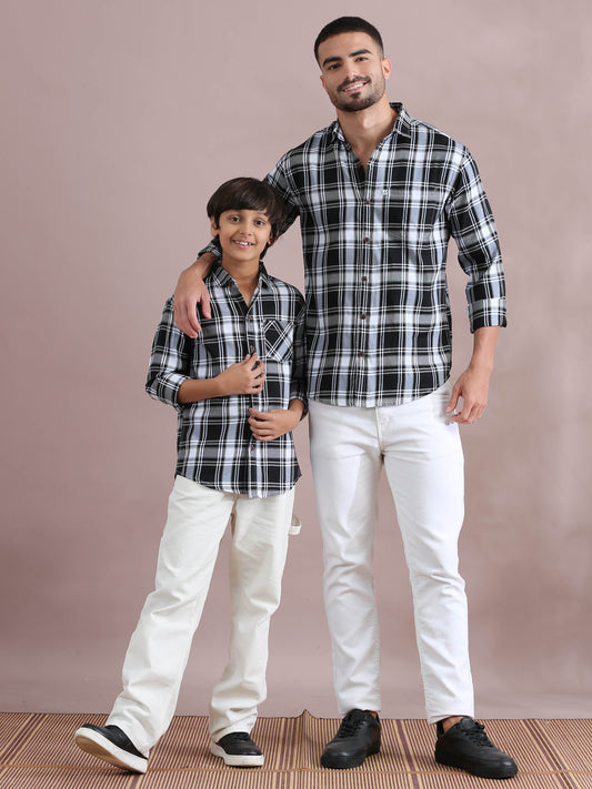 Tiger White Checked Dad Son Shirts Combo 