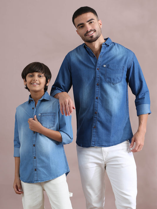 single pocket Denim Light Blue Cool Father Son Shirts 