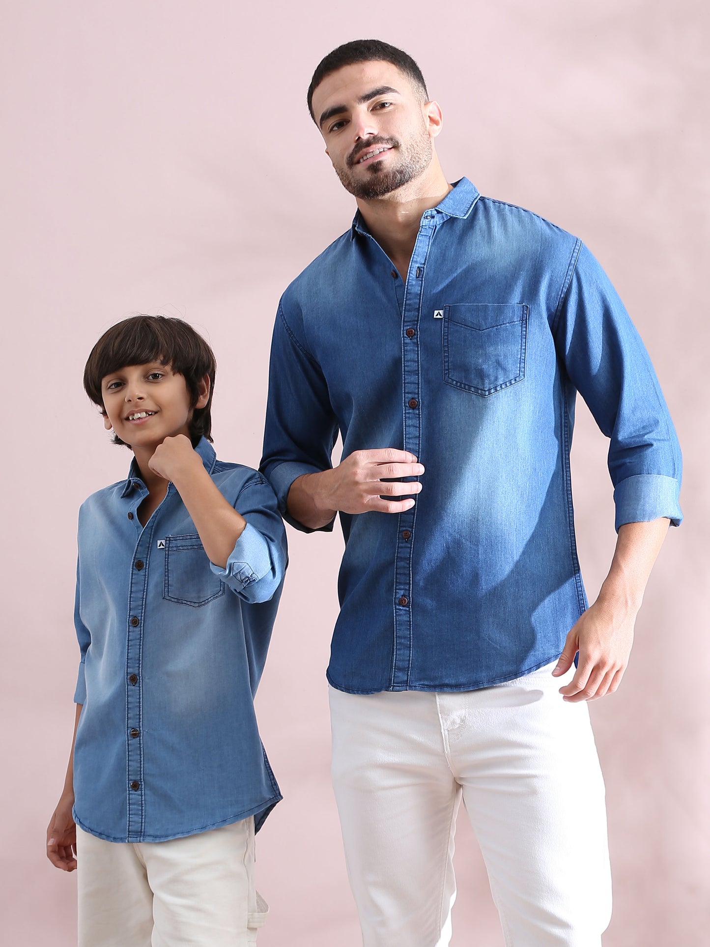 single pocket Denim Light Blue Cool Father Son Shirts 