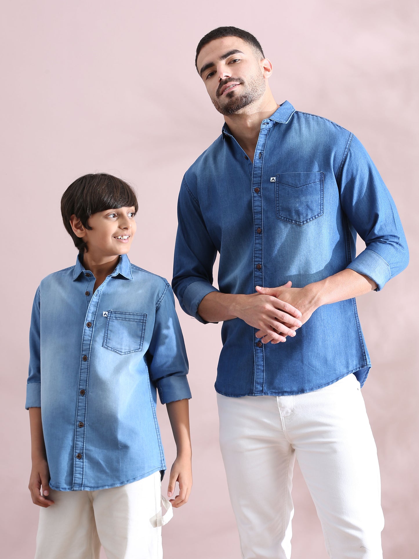 single pocket Denim Light Blue Cool Father Son Shirts 