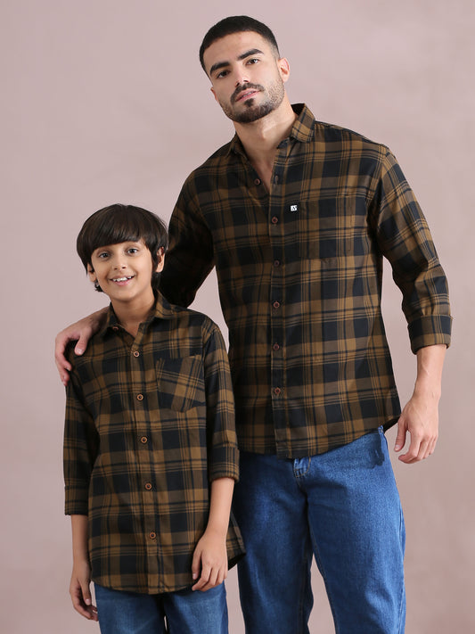  Wanted Brown Checked Dad And Son Combo Shirts