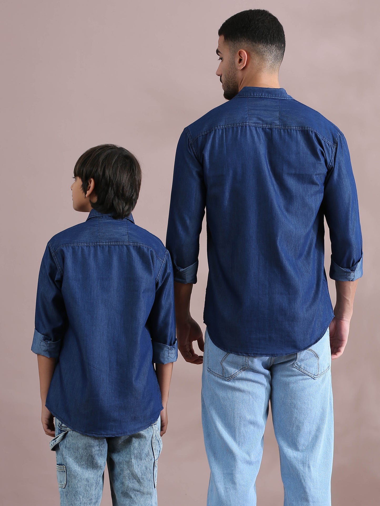  Denim Solid Plain Father And Son Clothing Shirts 
