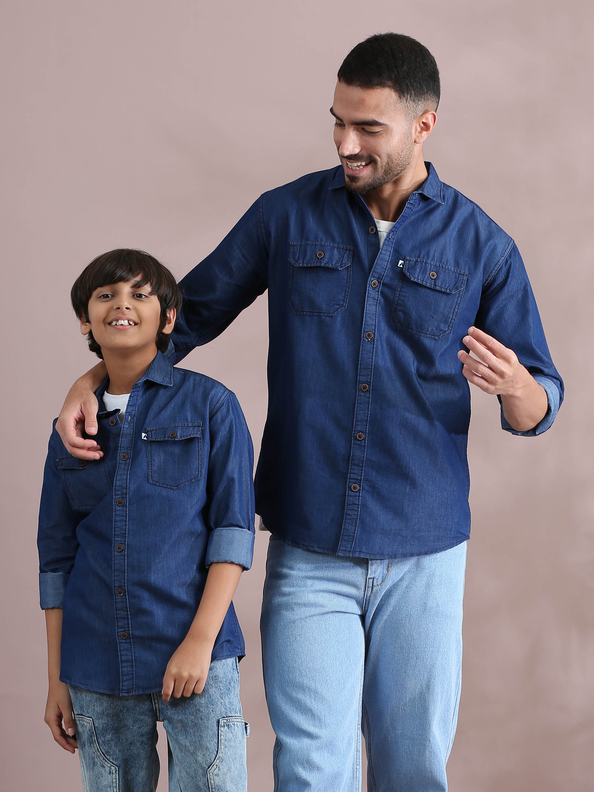 Denim Solid Plain Father And Son Clothing Shirts 