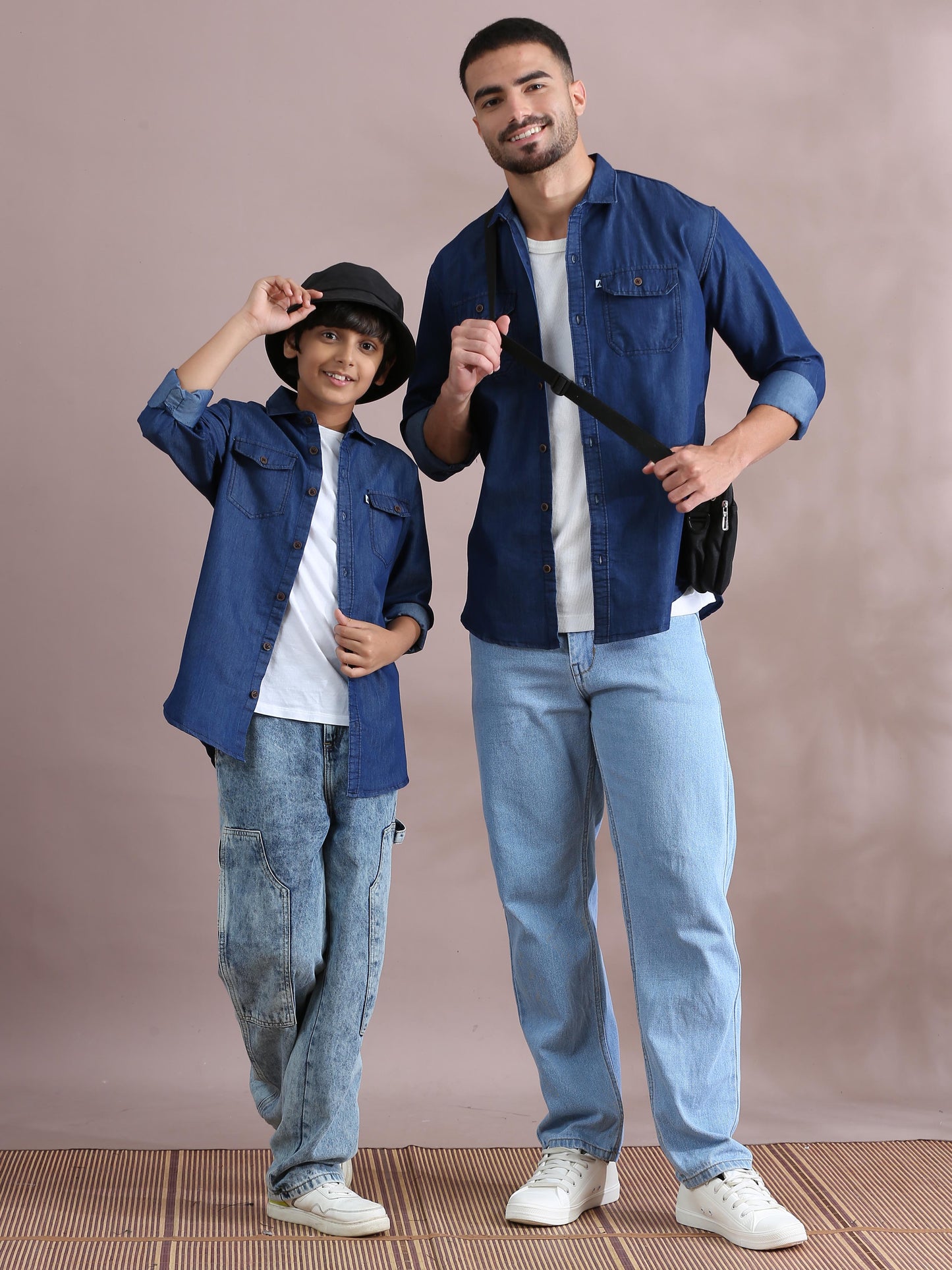  Denim Solid Plain Father And Son Clothing Shirts 