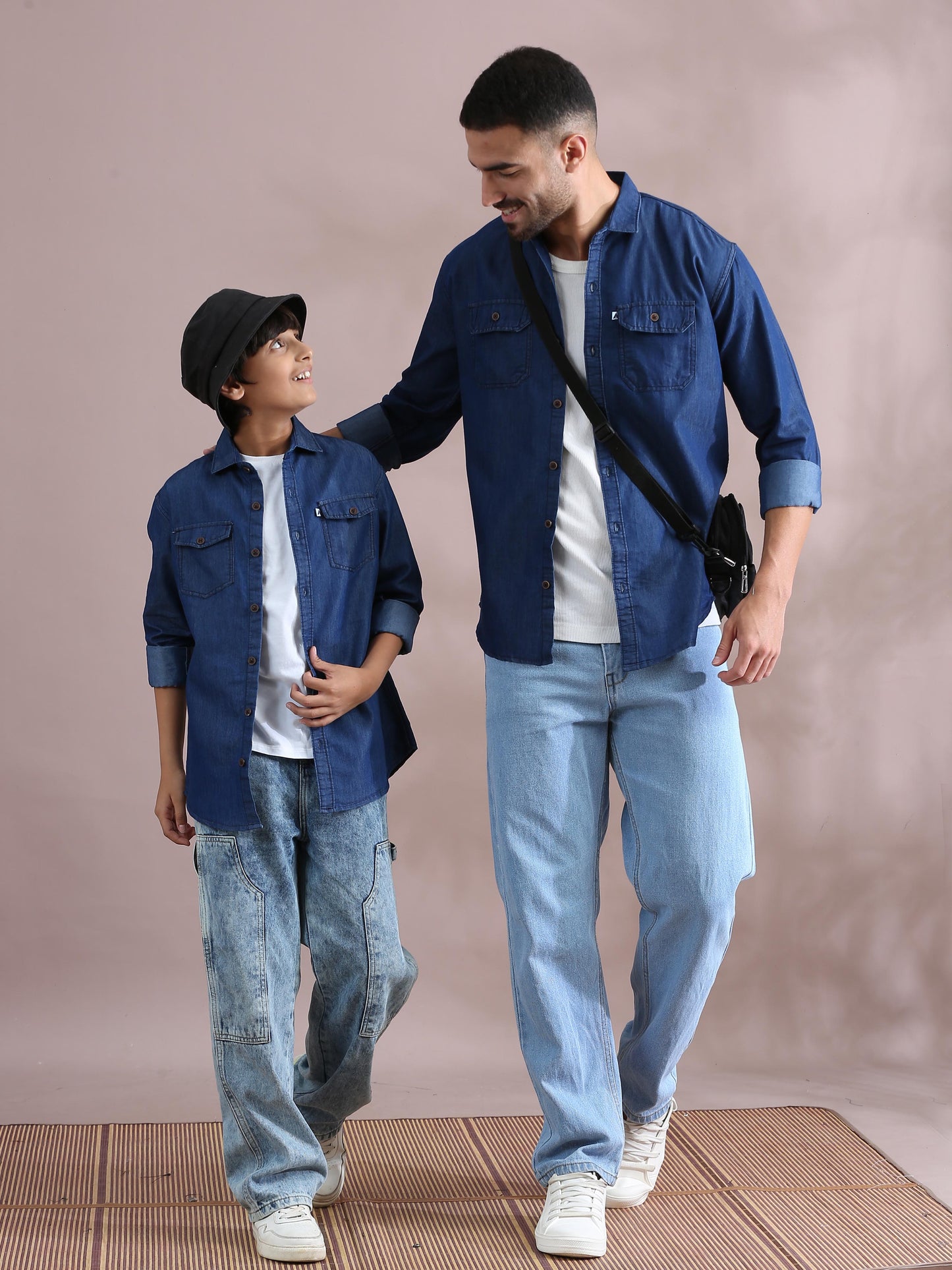  Denim Solid Plain Father And Son Clothing Shirts 
