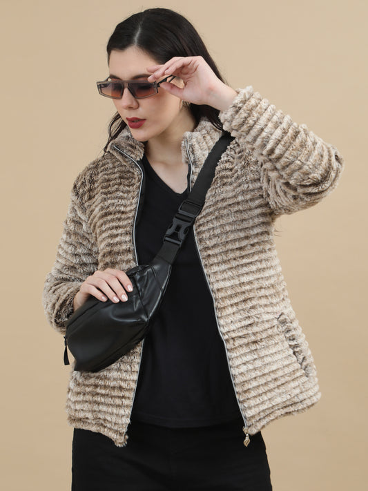 Slim Fit Solid Rabbit Brown Fur Jacket for Women