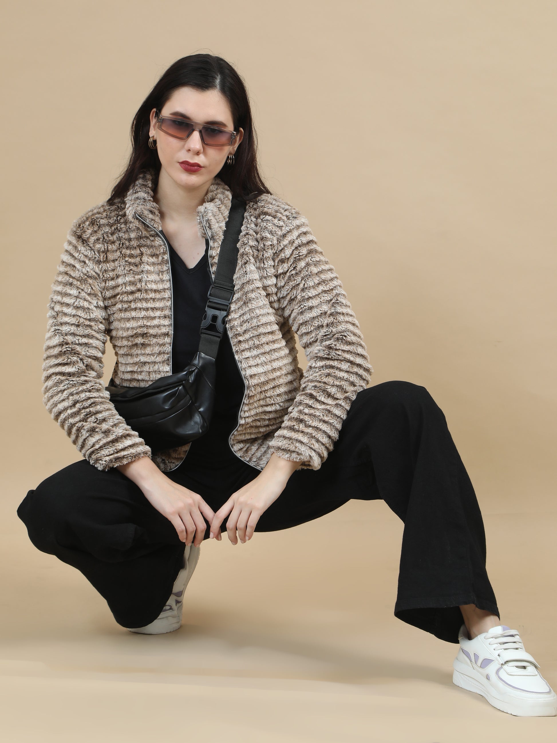 Slim Fit Solid Rabbit Brown Fur Jacket for Women