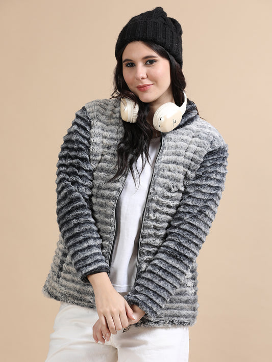 Grey Slim Fit Solid Rabbit Fur Jacket for Women