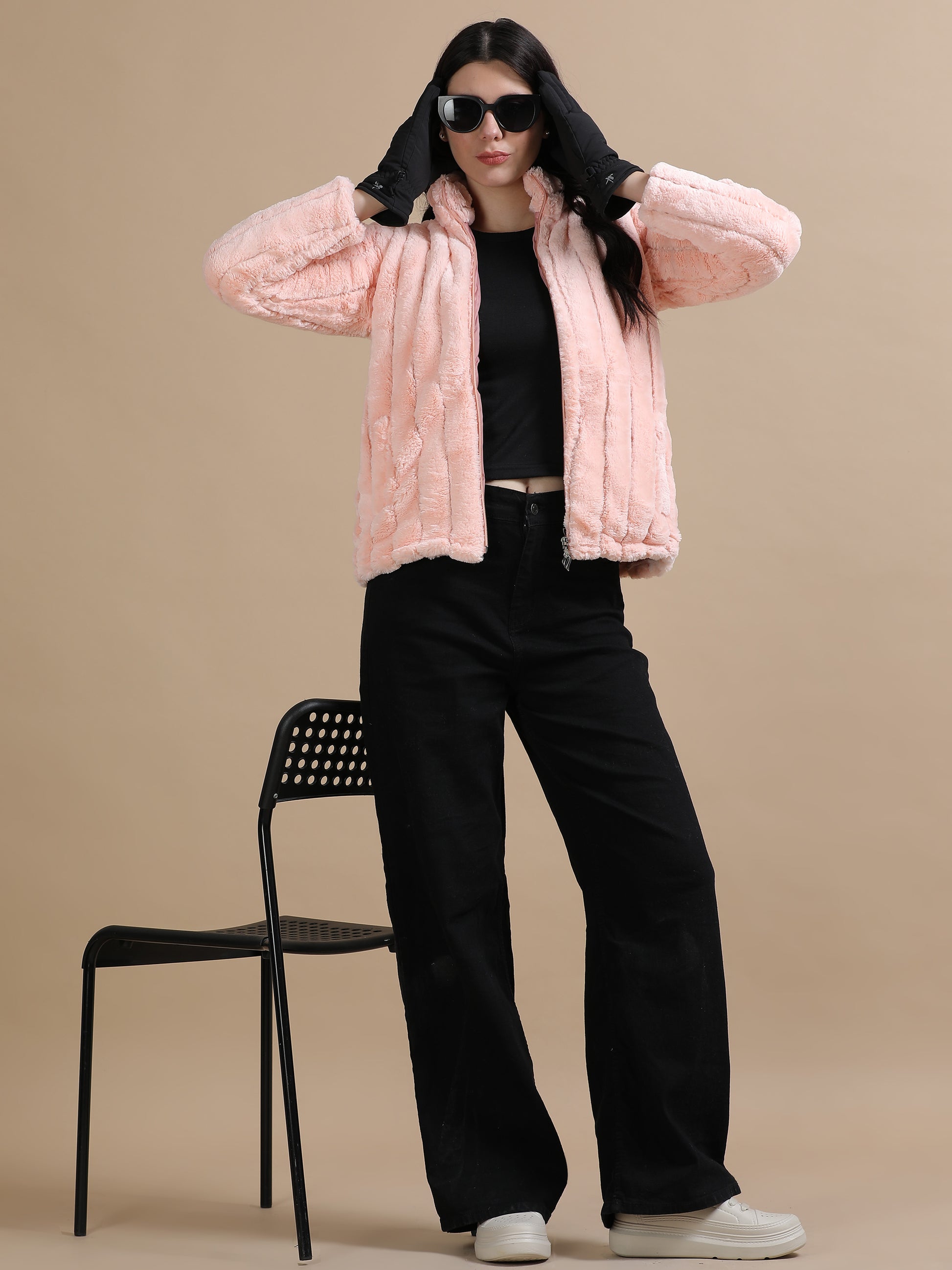  Peach Slim Fit Solid Rabbit Fur Jacket for Women