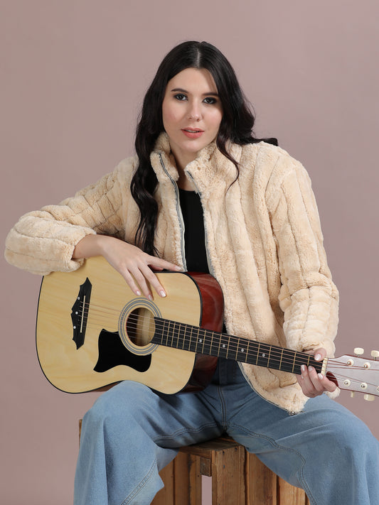 Cream Slim Fit Solid Rabbit Fur Jacket Women