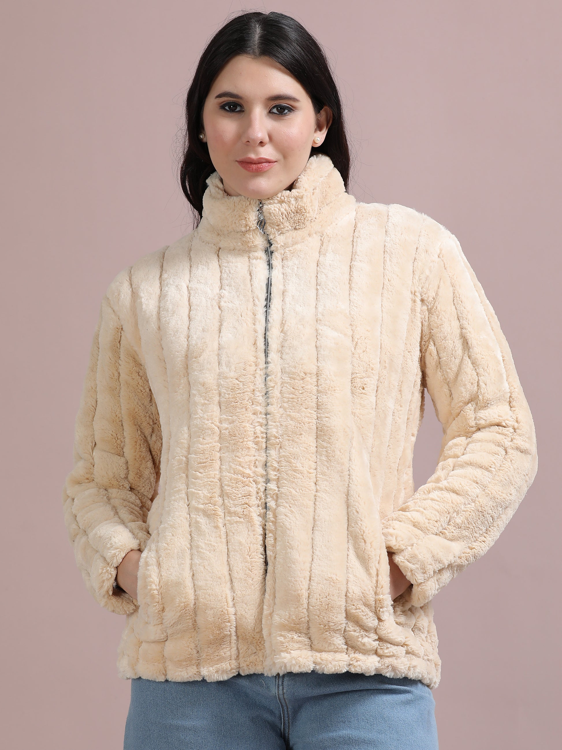 Cream Slim Fit Solid Rabbit Fur Jacket Women