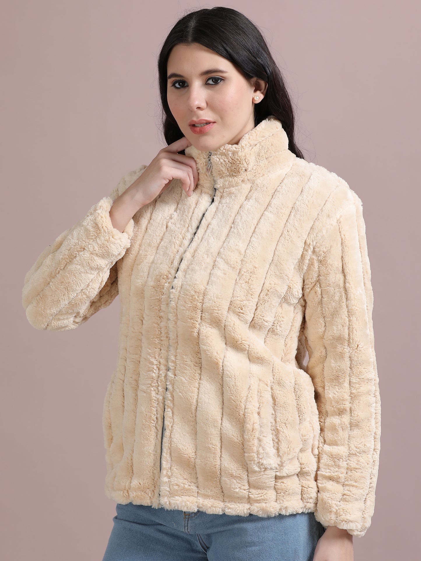 Cream Slim Fit Solid Rabbit Fur Jacket Women