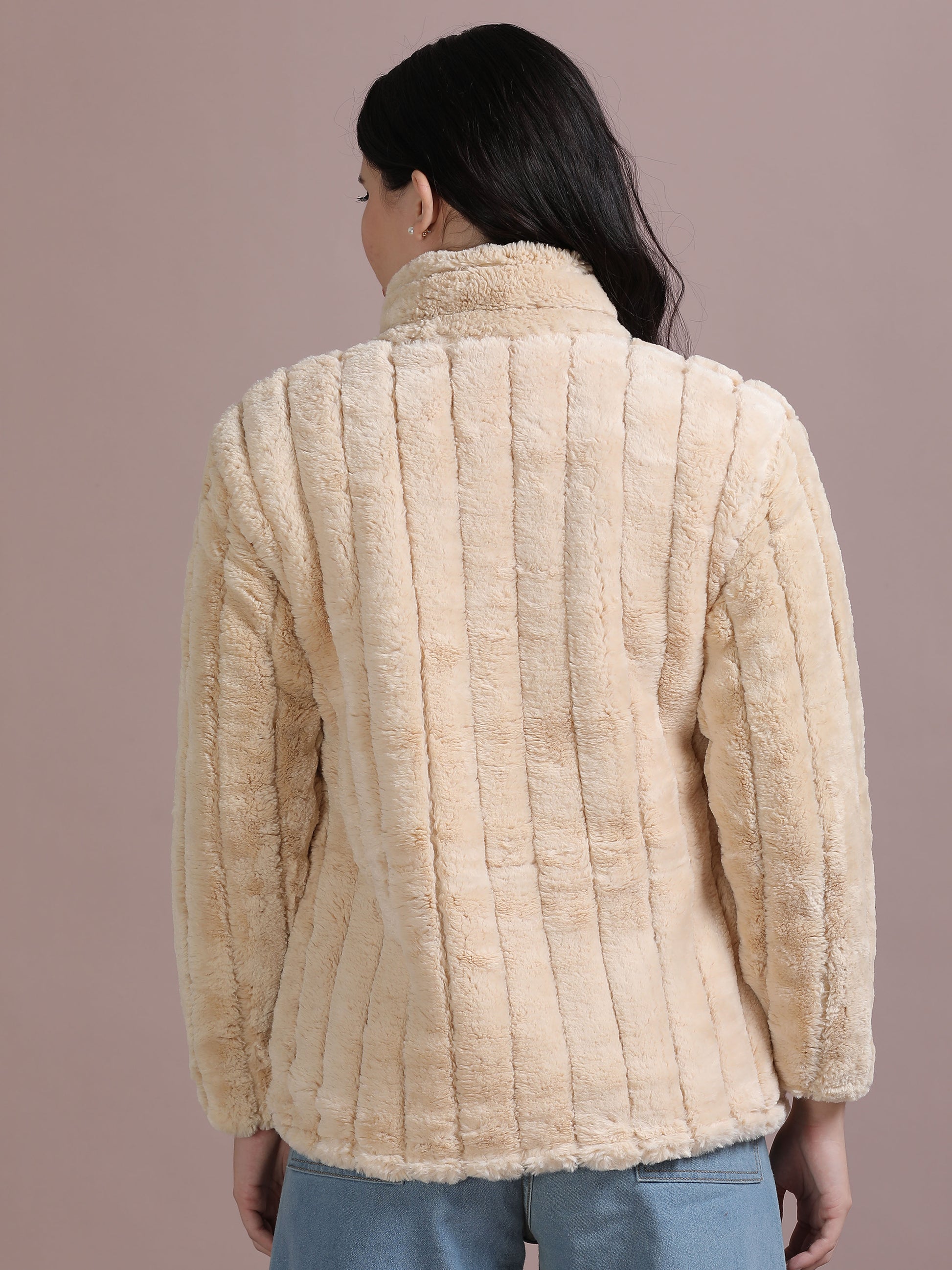 Cream Slim Fit Solid Rabbit Fur Jacket Women