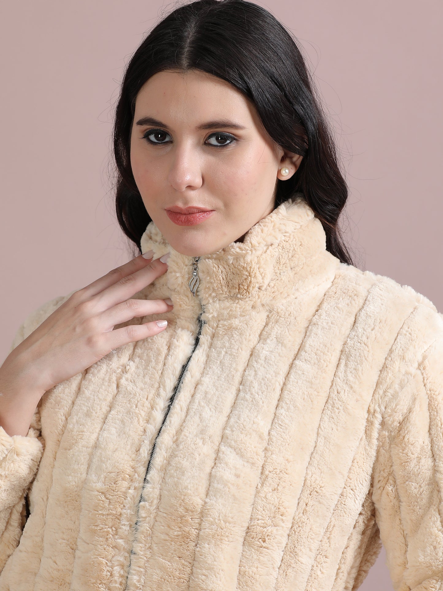 Cream Slim Fit Solid Rabbit Fur Jacket Women