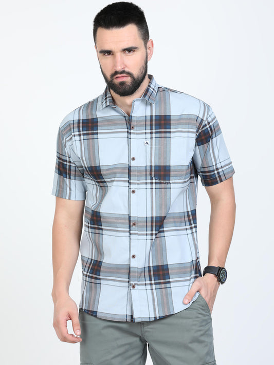Broadchecks Aquablue Cotton Half Sleeve Check Shirts Men