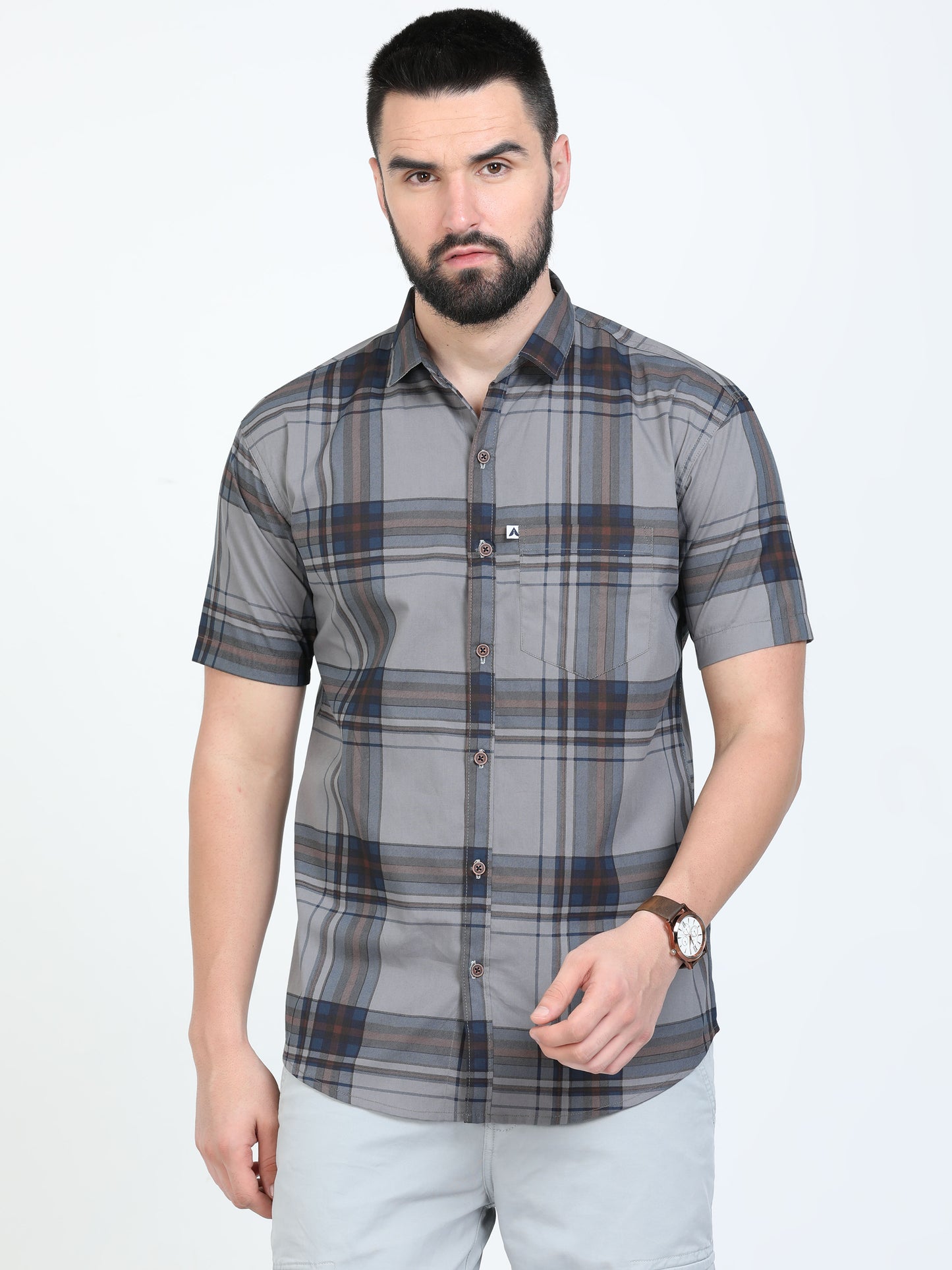 Broadchecks Grey Half Sleeve Check Shirt for Men