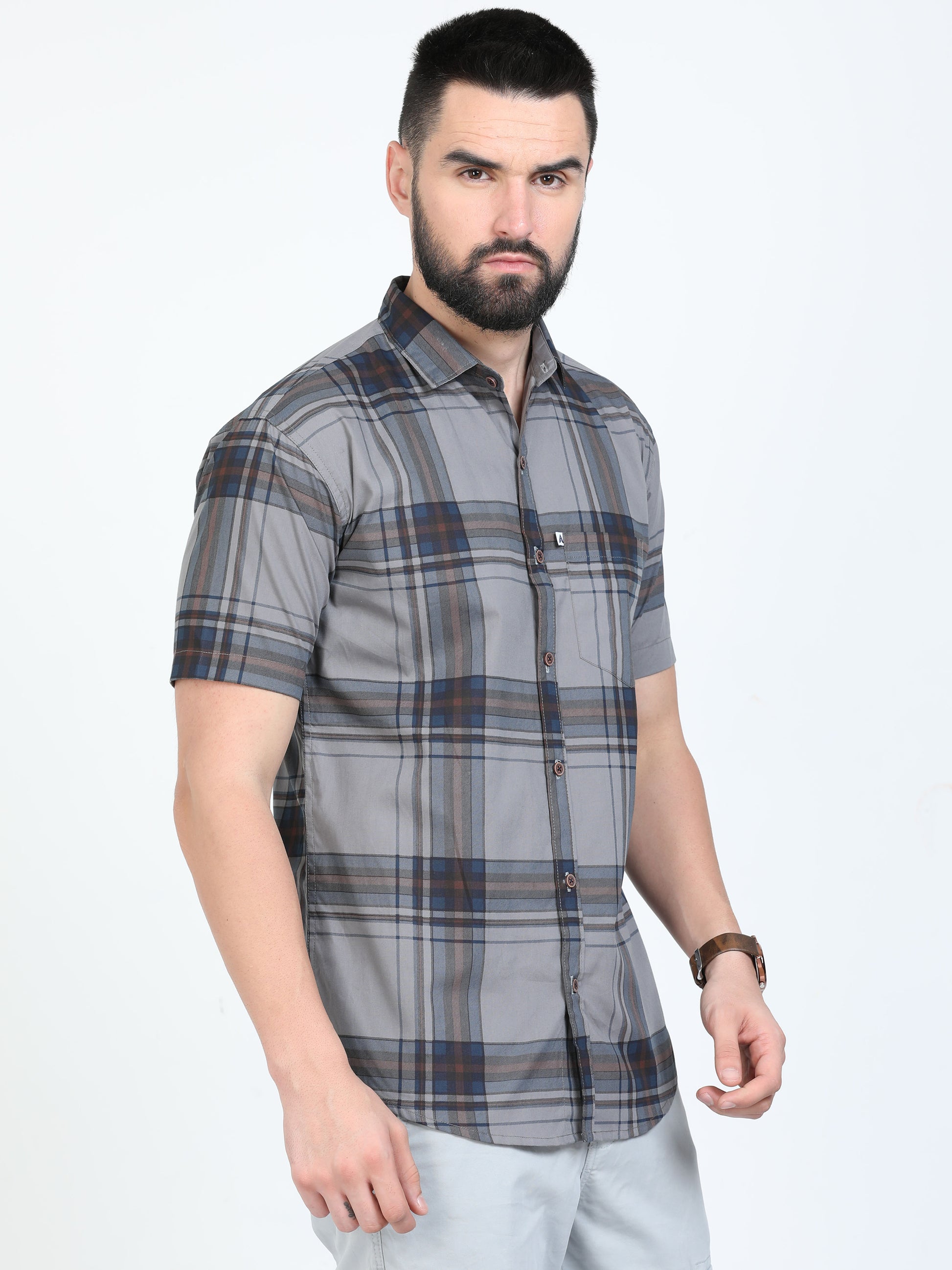 Broadchecks Grey Half Sleeve Check Shirt for Men