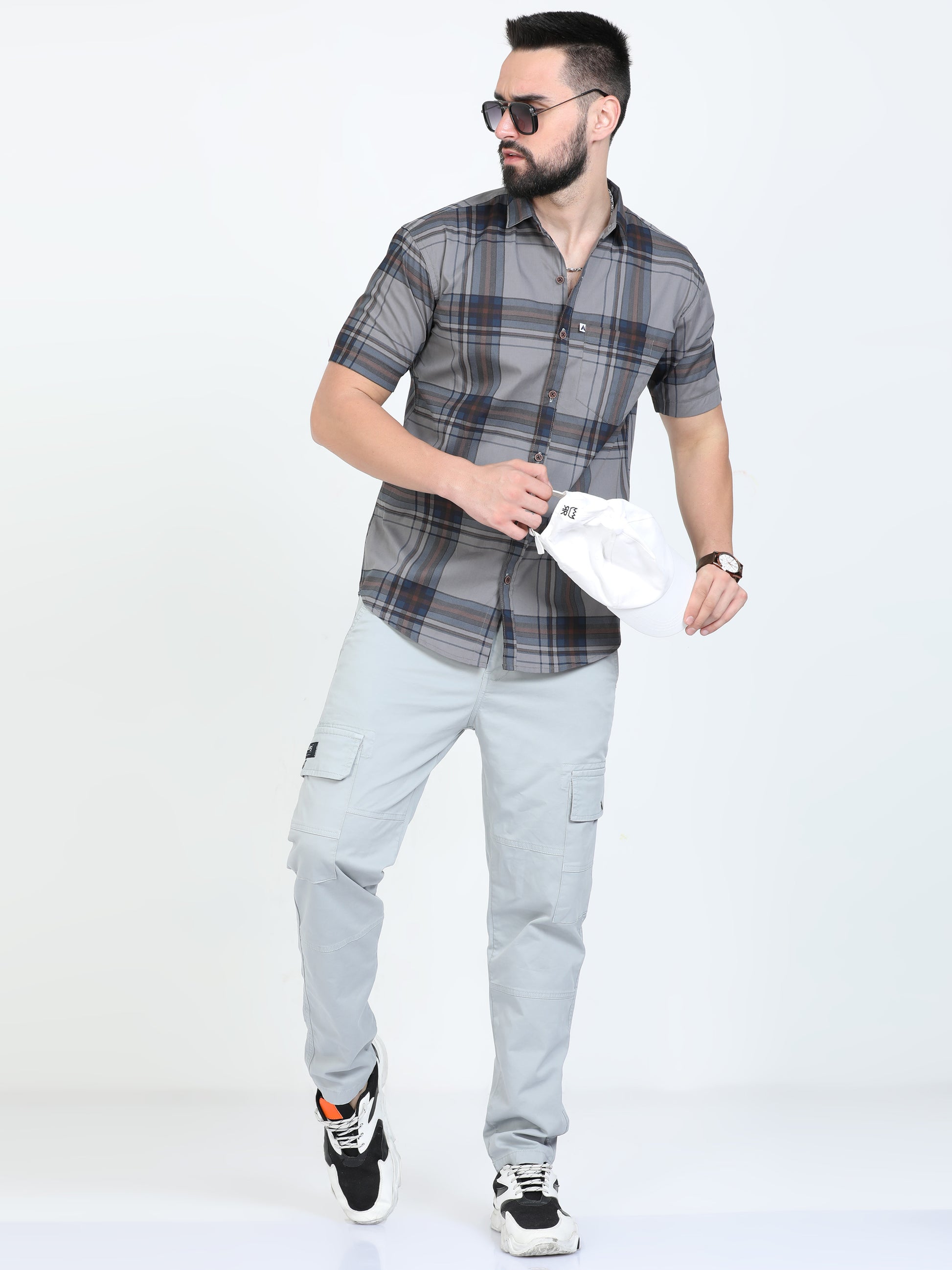 Broadchecks Grey Half Sleeve Check Shirt for Men