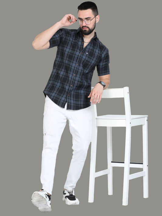 Tiger Cotton Blend  Half Sleeve Grey Check Shirt Men