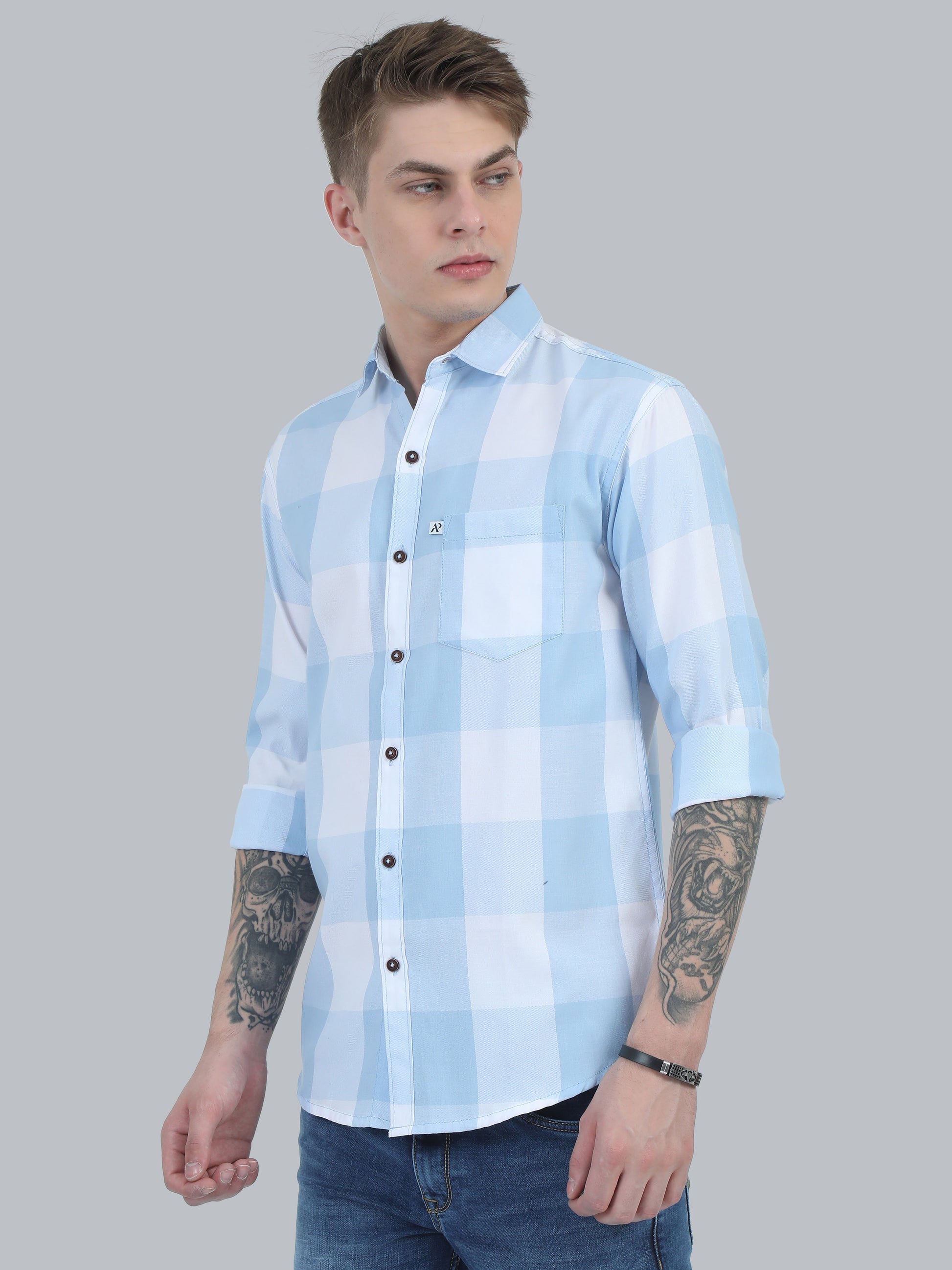  Tomlight Cotton Blend Blue Check Shirt for Men