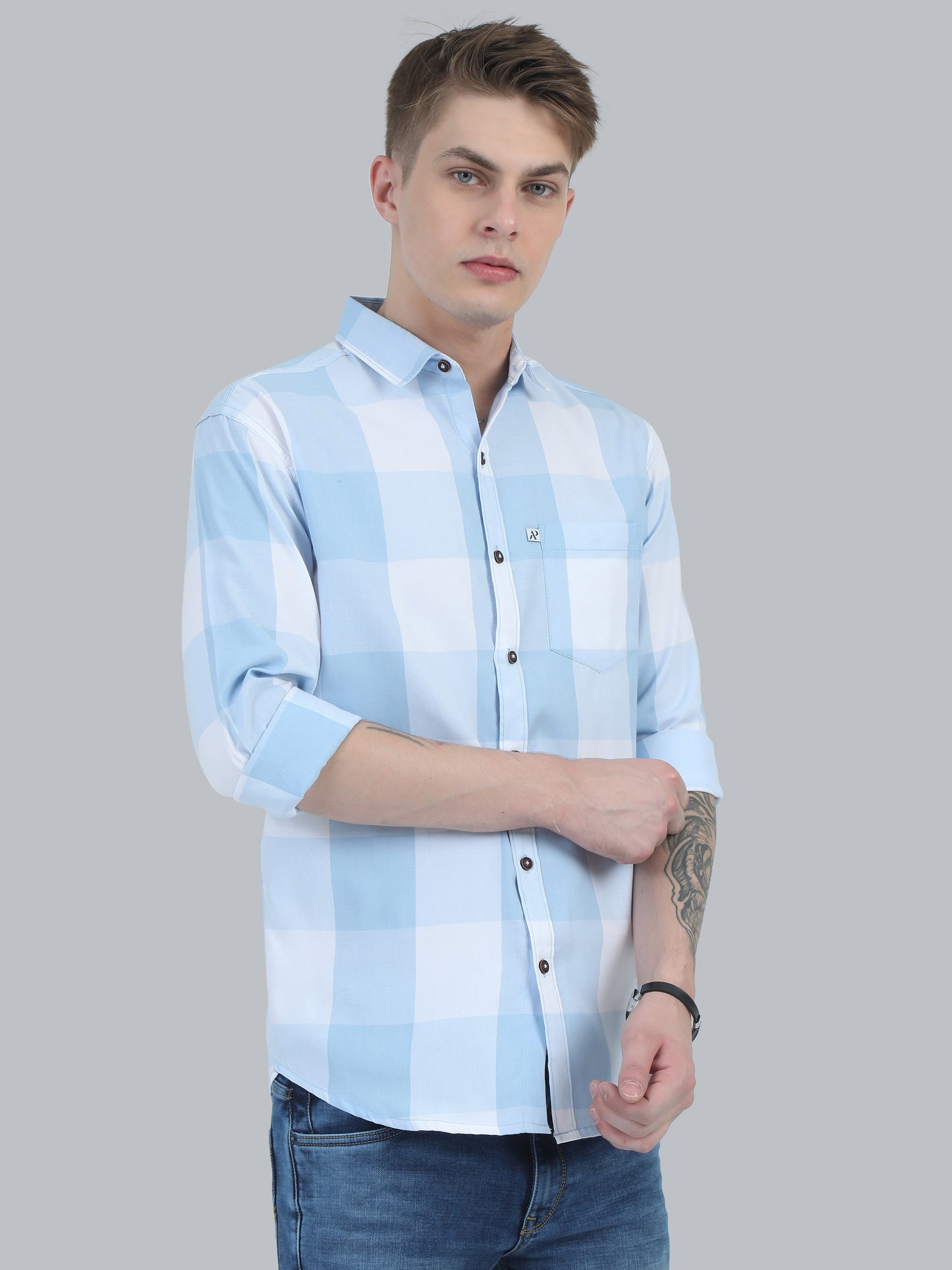  Tomlight Cotton Blend Blue Check Shirt for Men