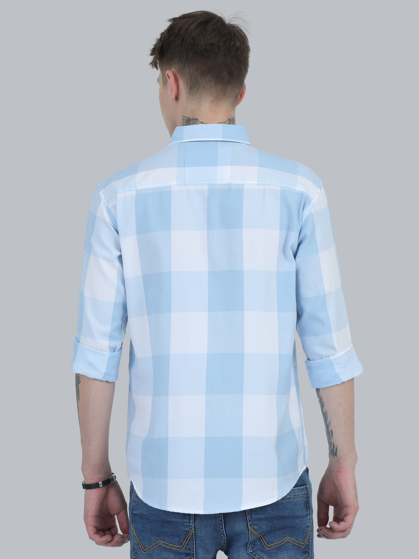  Tomlight Cotton Blend Blue Check Shirt for Men