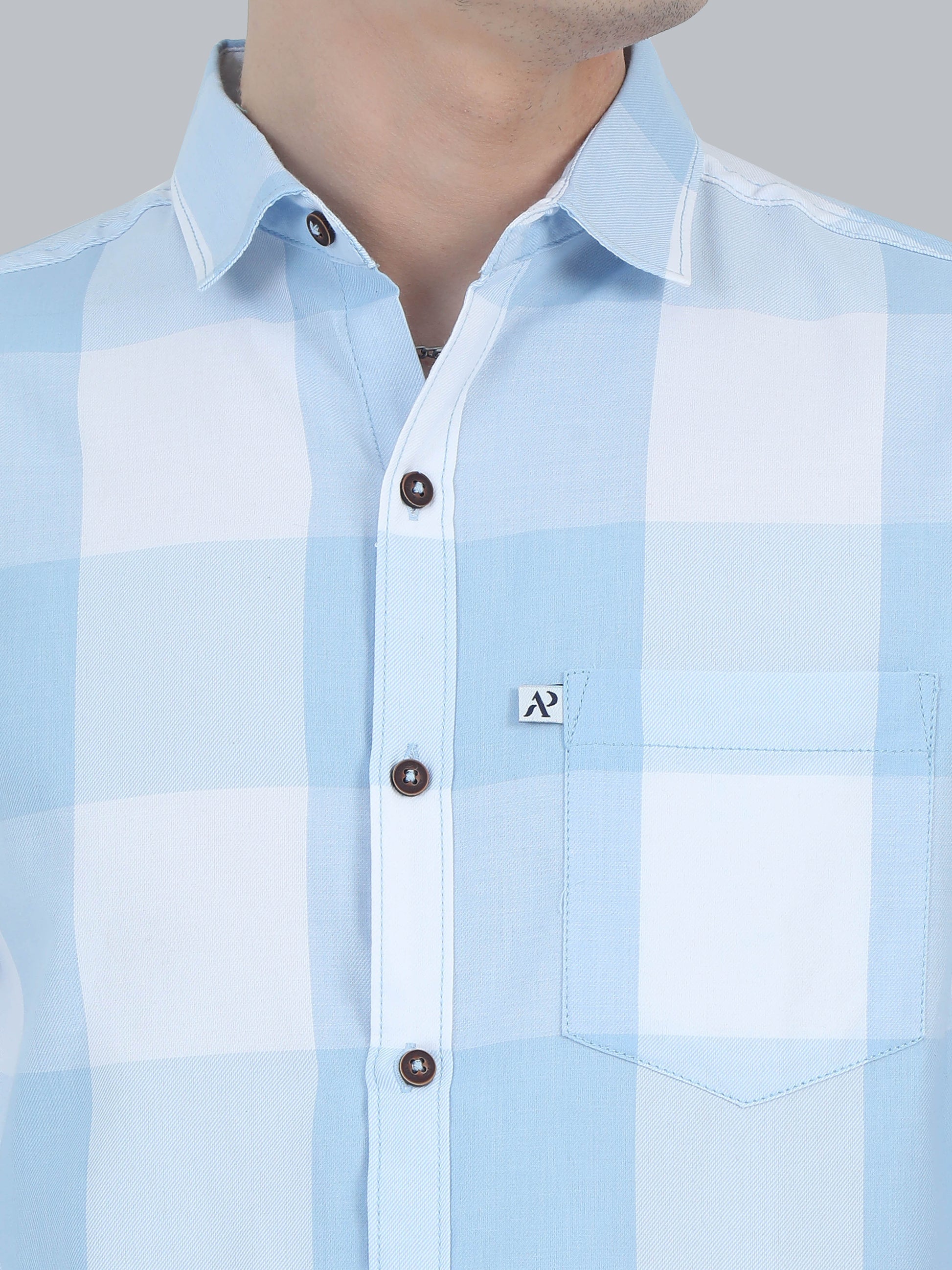  Tomlight Cotton Blend Blue Check Shirt for Men