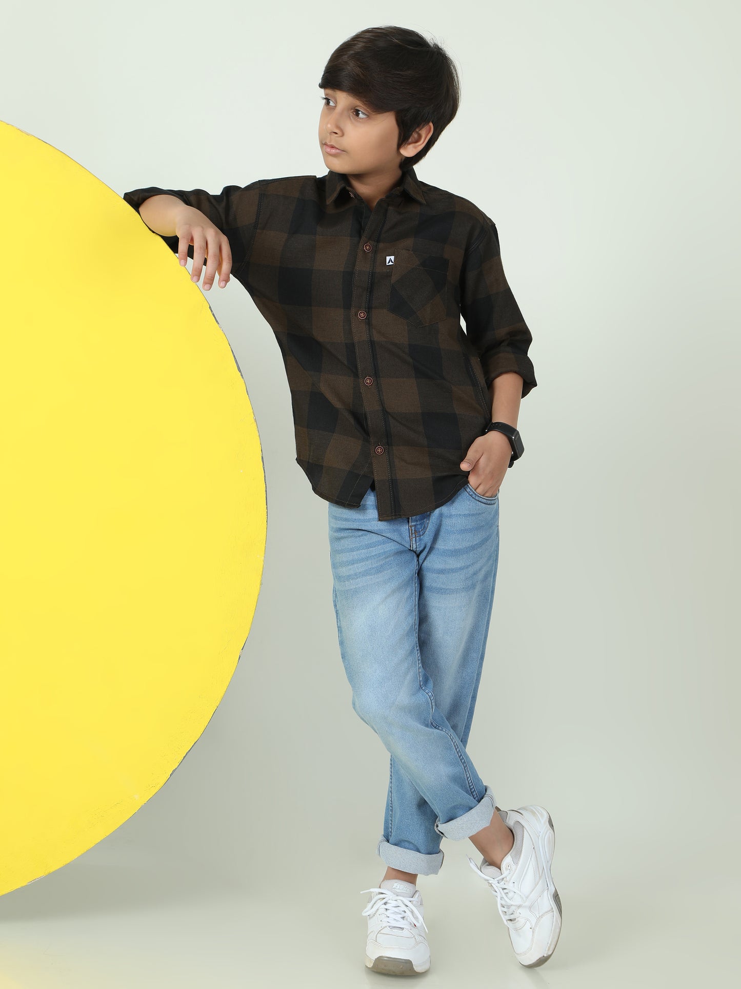 Tombom Cotton Blend Boys Brown Plaid Shirt