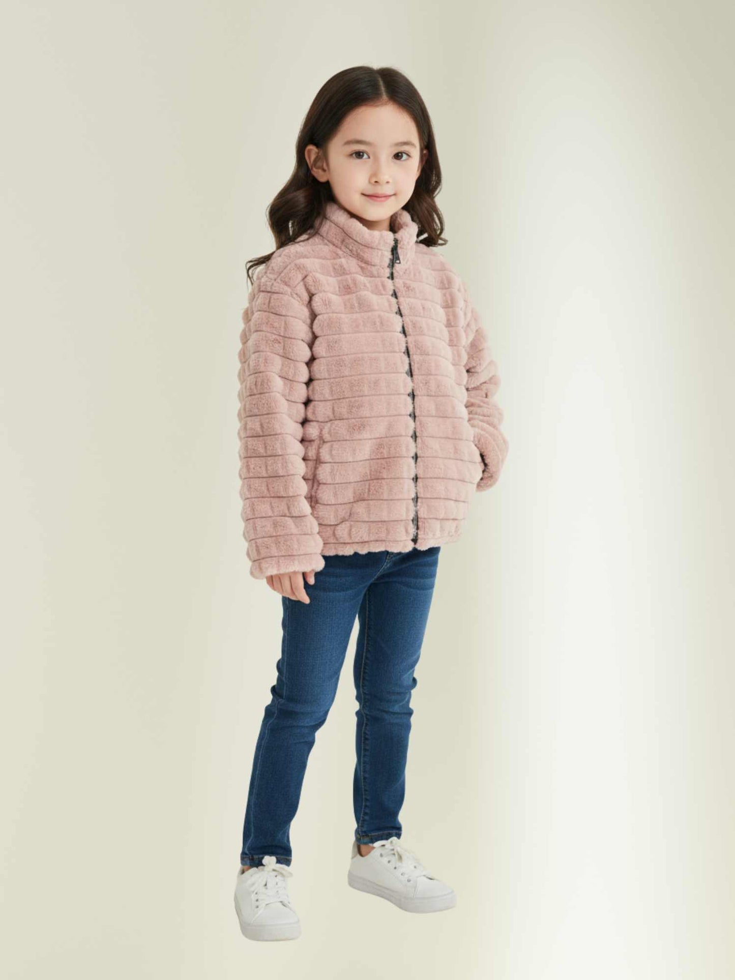 winter jacket paired with jeans and sneakers, stylish kids winter outfit