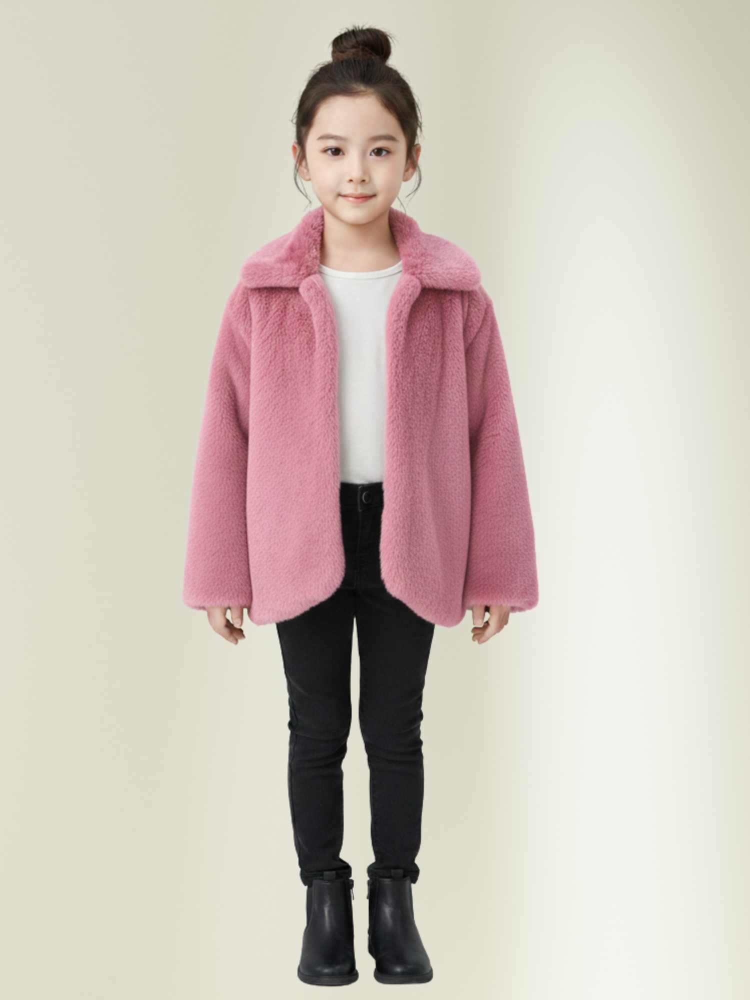 a pink faux fur jacket with black pants, premium warm winter jacket for girls by Faryra.