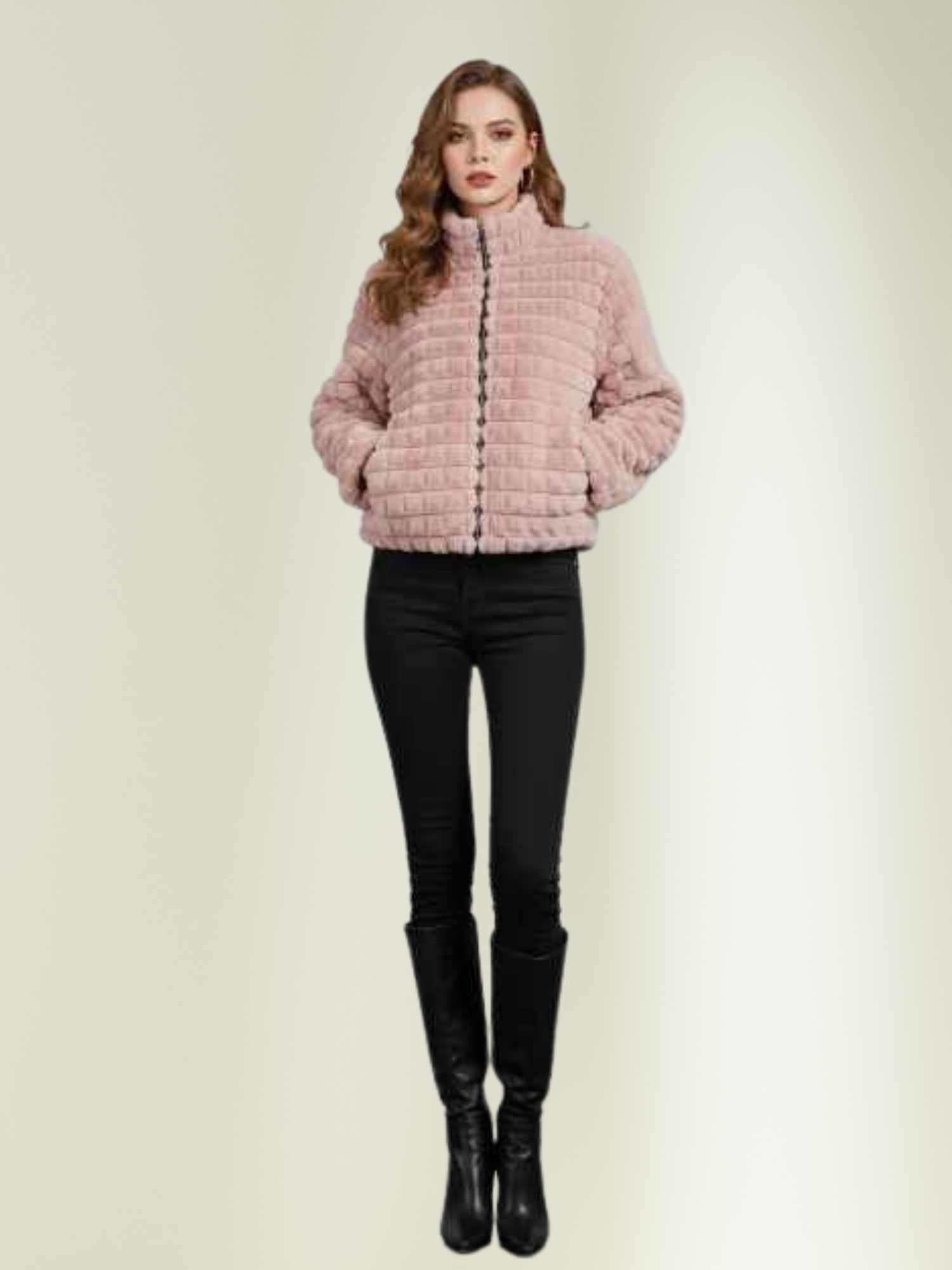winter jacket showing ribbed faux fur texture and full sleeve design