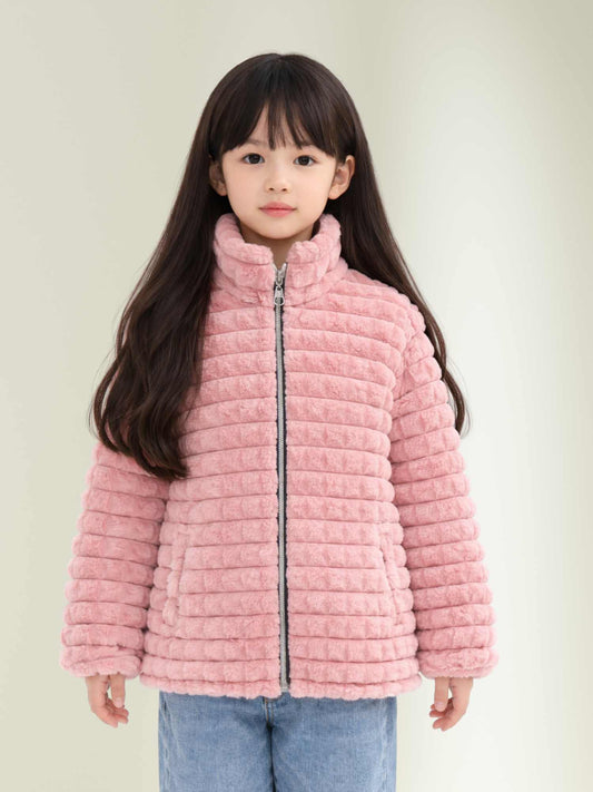 soft pink plush winter jacket with front zip closure and high neck, warm winter jacket for kids