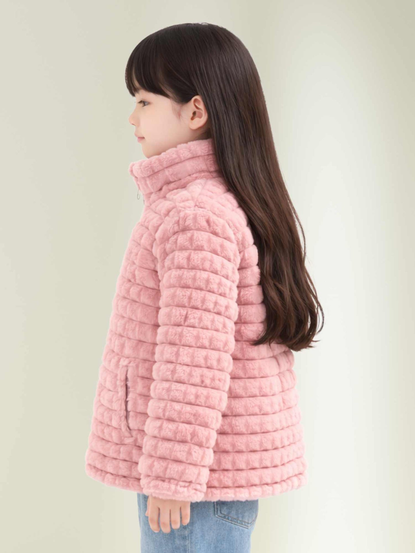 wearing pink plush winter jacket with ribbed texture and cozy faux fur fabric