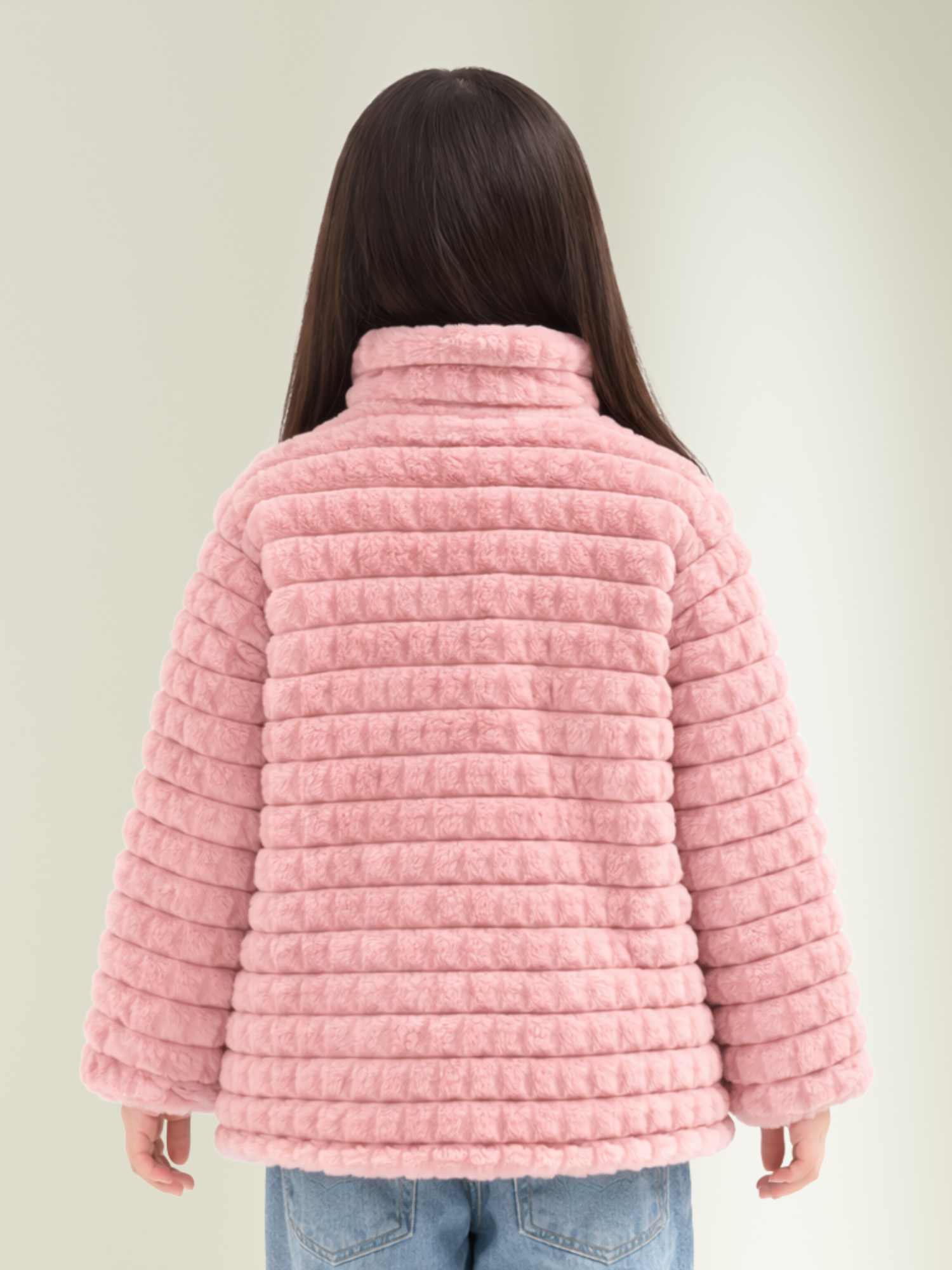 kids pink plush winter jacket showing full sleeves and textured warm fabric