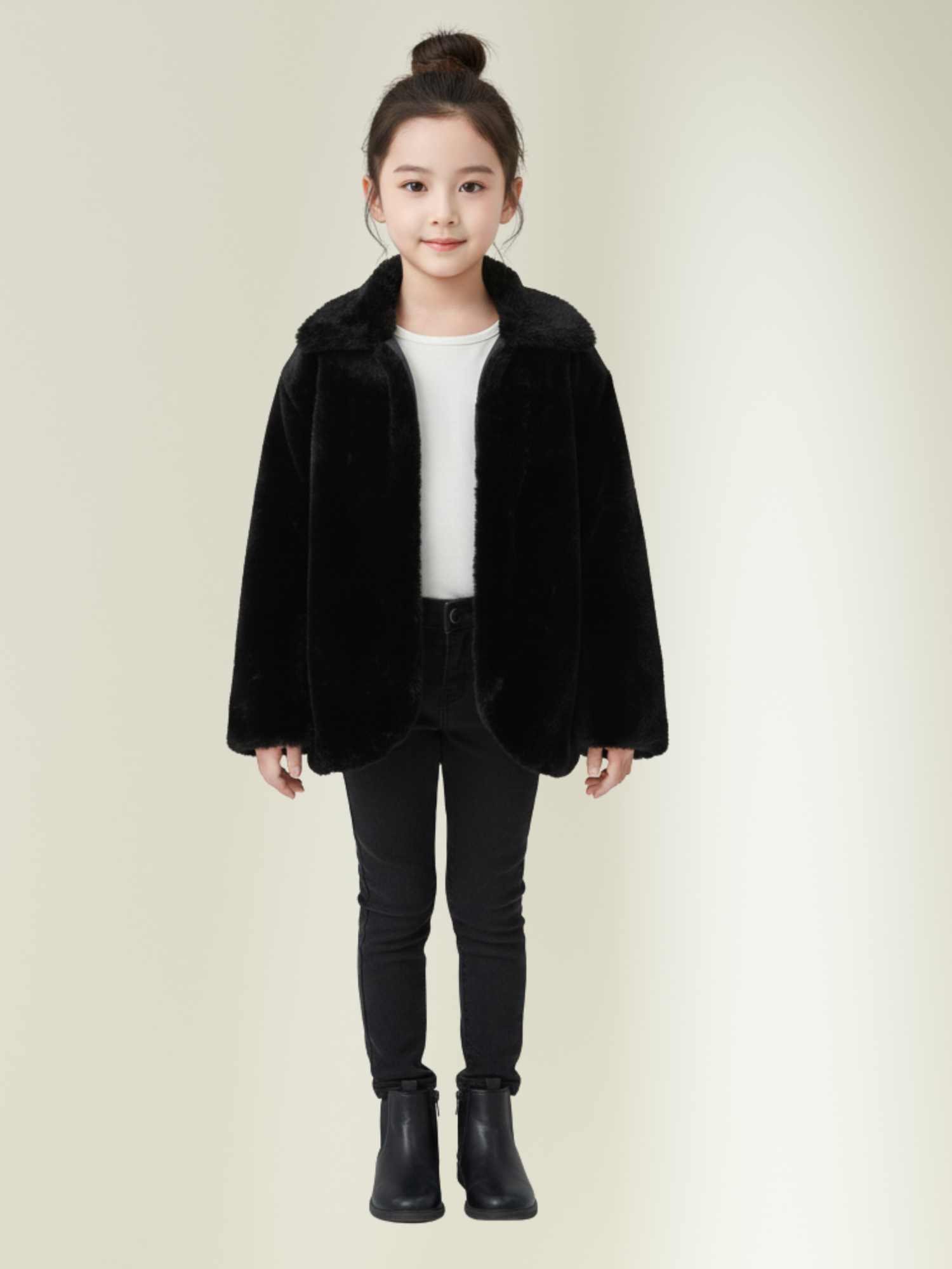 a black faux fur winter jacket with black pants