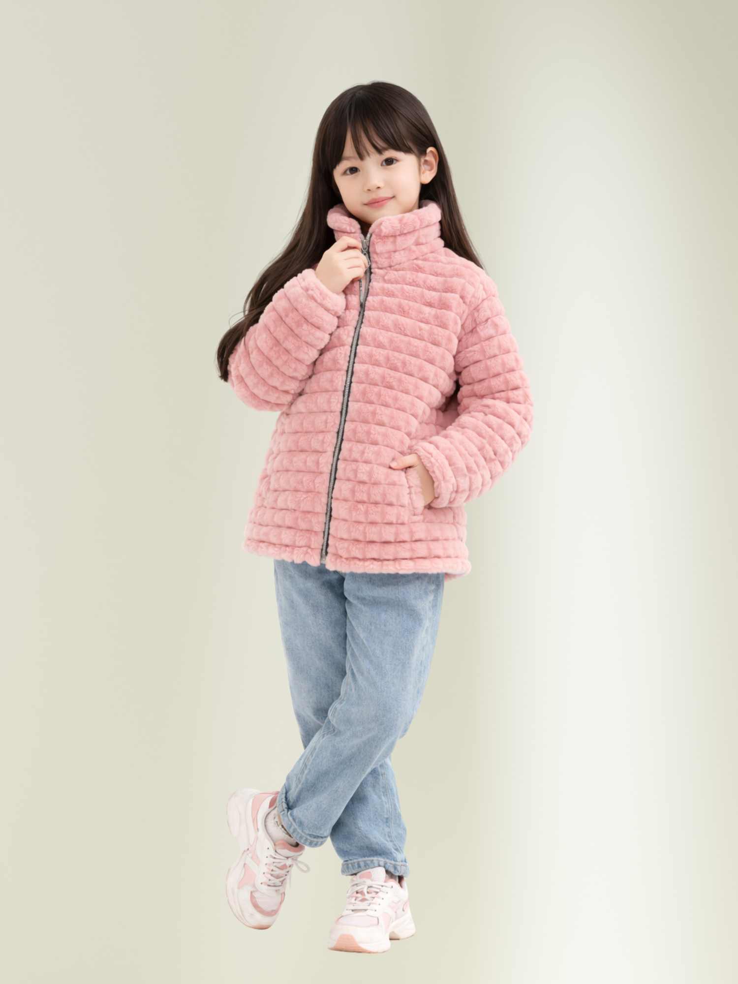pink plush winter jacket with zip closure and high neck collar, stylish warm winter wear for girls