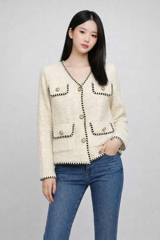 Women's White Tweed sweater with Black Contrast Trim & Pearl Buttons – Elegant Winter Wear