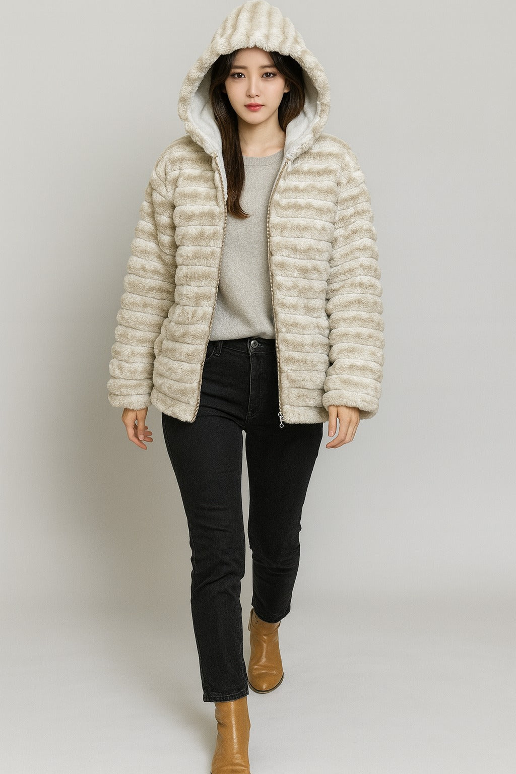 Cream beige faux fur hooded jacket for women, front view, zip closure, soft plush striped texture, winter wear fashion.