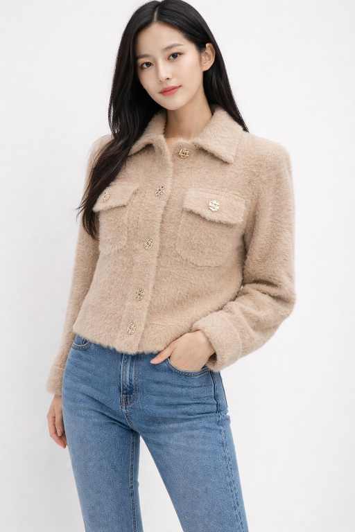 Beige Fuzzy Button-Up Sweater for Women – Cozy Winter Wear with Elegant Detailing