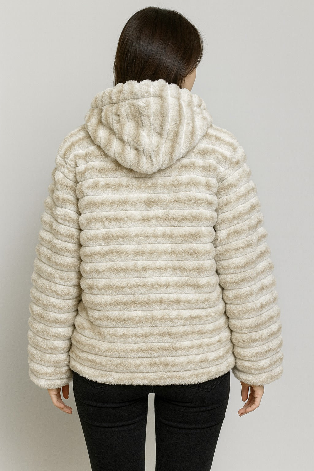 cream faux fur hooded jacket for women, ribbed plush pattern, cozy winter outerwear.