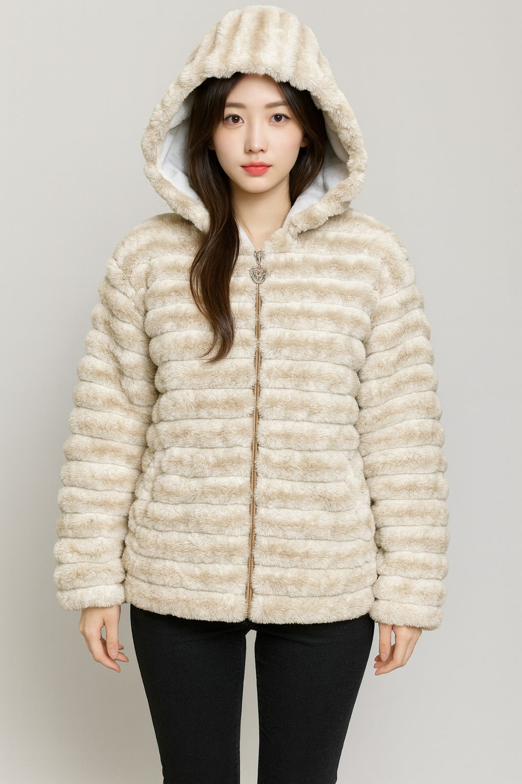 Cream beige faux fur hooded jacket for women, front view, zip closure, soft plush striped texture, winter wear fashion.