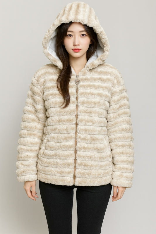 Cream beige faux fur hooded jacket for women, front view, zip closure, soft plush striped texture, winter wear fashion.