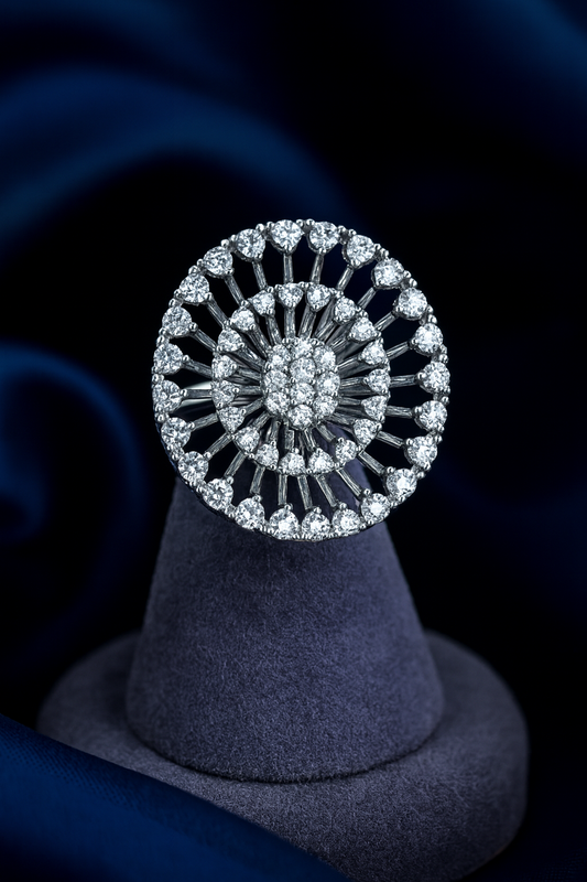 Luxury zirconic stone statement ring with radiant circular pattern