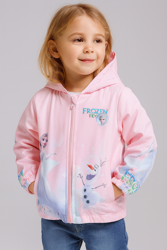 Girls pink Frozen Fever hooded winter jacket with cartoon character print, front view kids zip-up jacket