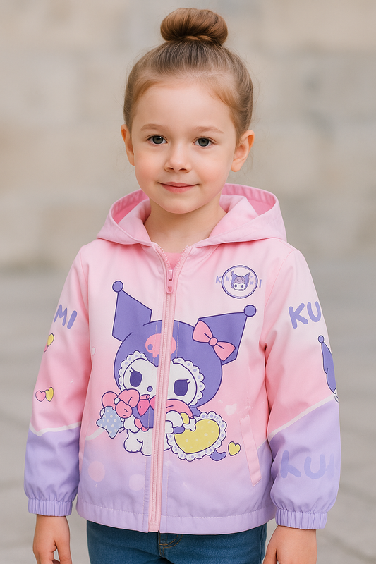 Girls pink pastel hooded jacket with cartoon character print, front view kids winter jacket by Faryra